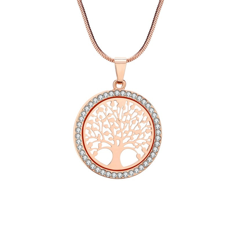 Silver Gold Rose Tree of Life Crystal Pendant Chain Necklace Gift Jewellery