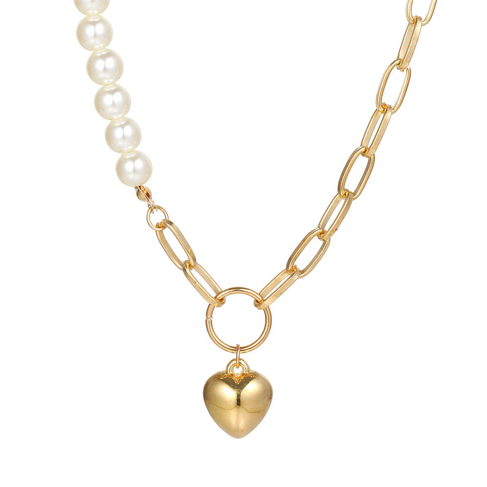 Gold Tone Womens Heart Shaped Pendant Pearl Chain Necklace
