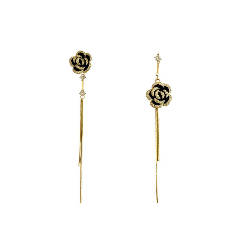 Black Rose Tassel Earrings Micro Inlaid Zircon Stone Design Versatile