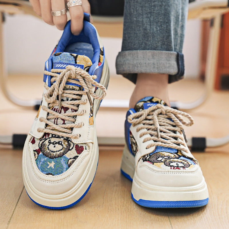 Bear Design Sneakers Low Cut Men's Shoes Japanese Style Lace-Up Casual