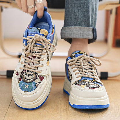 Bear Design Sneakers Low Cut Men's Shoes Japanese Style Lace-Up Casual