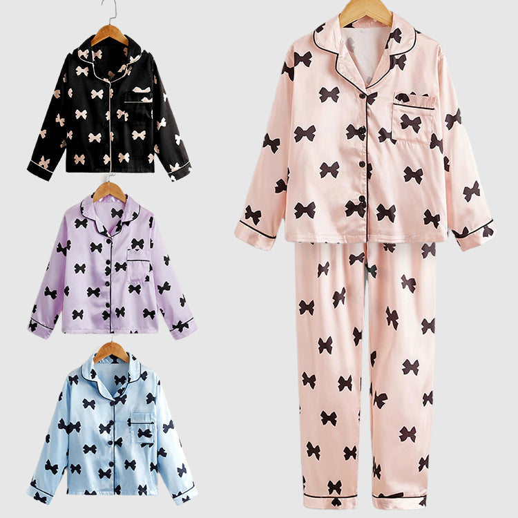 Children's Girls Satin Pyjama Set - Bow Print, 4 Colours, Ages 8-16, Luxury Nightwear