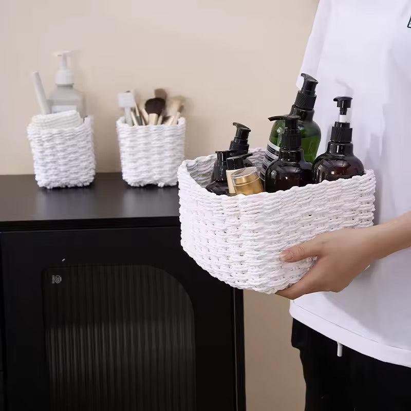 3 Piece Straw Woven Paper Rope Storage Baskets Rectangular Two Compartment Set
