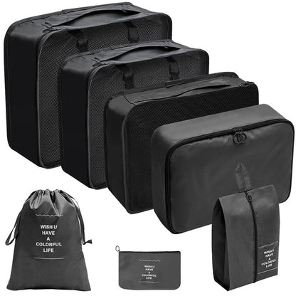 7 Piece Packing Cube Set Travel Organiser Mesh Front Double Zip Shoe Pouch Grey