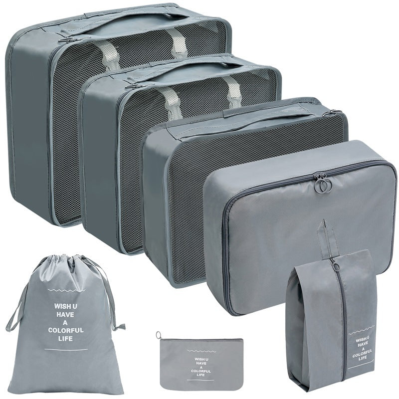 7 Piece Packing Cube Set Travel Organiser Mesh Front Double Zip Shoe Pouch Grey