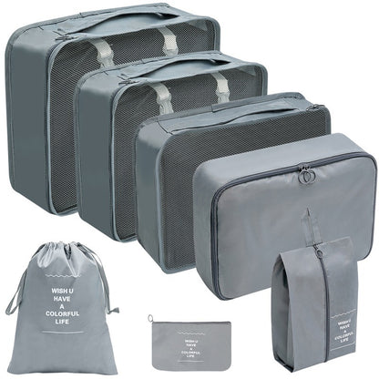 7 Piece Packing Cube Set Travel Organiser Mesh Front Double Zip Shoe Pouch Grey