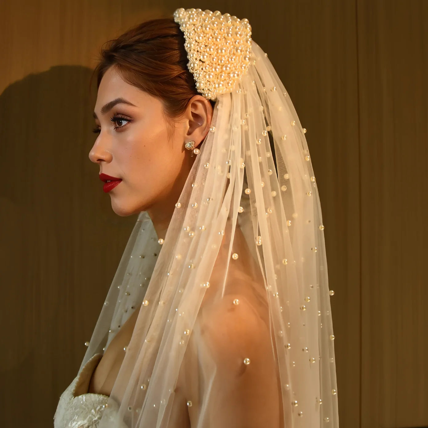Cathedral Wedding Veil Premium Pearl Embellishments Elegant Bridal Accessory