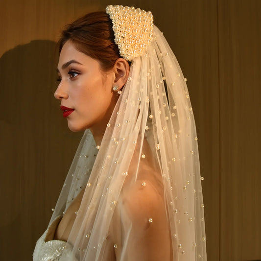 Cathedral Wedding Veil Premium Pearl Embellishments Elegant Bridal Accessory