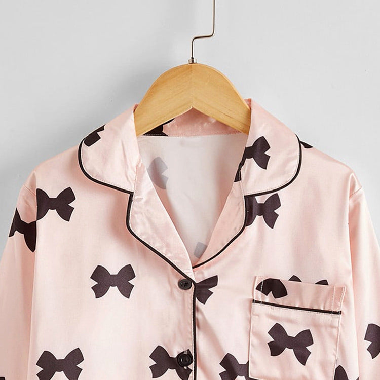 Children's Girls Satin Pyjama Set - Bow Print, 4 Colours, Ages 8-16, Luxury Nightwear