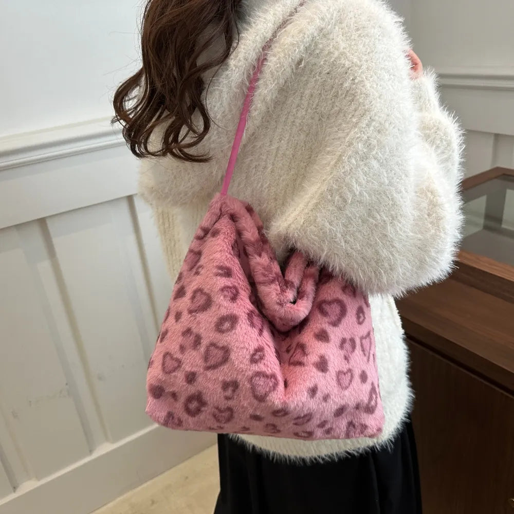 Leopard Print Shoulder Bag Furry Crossbody Spacious Lightweight Stylish Accessory