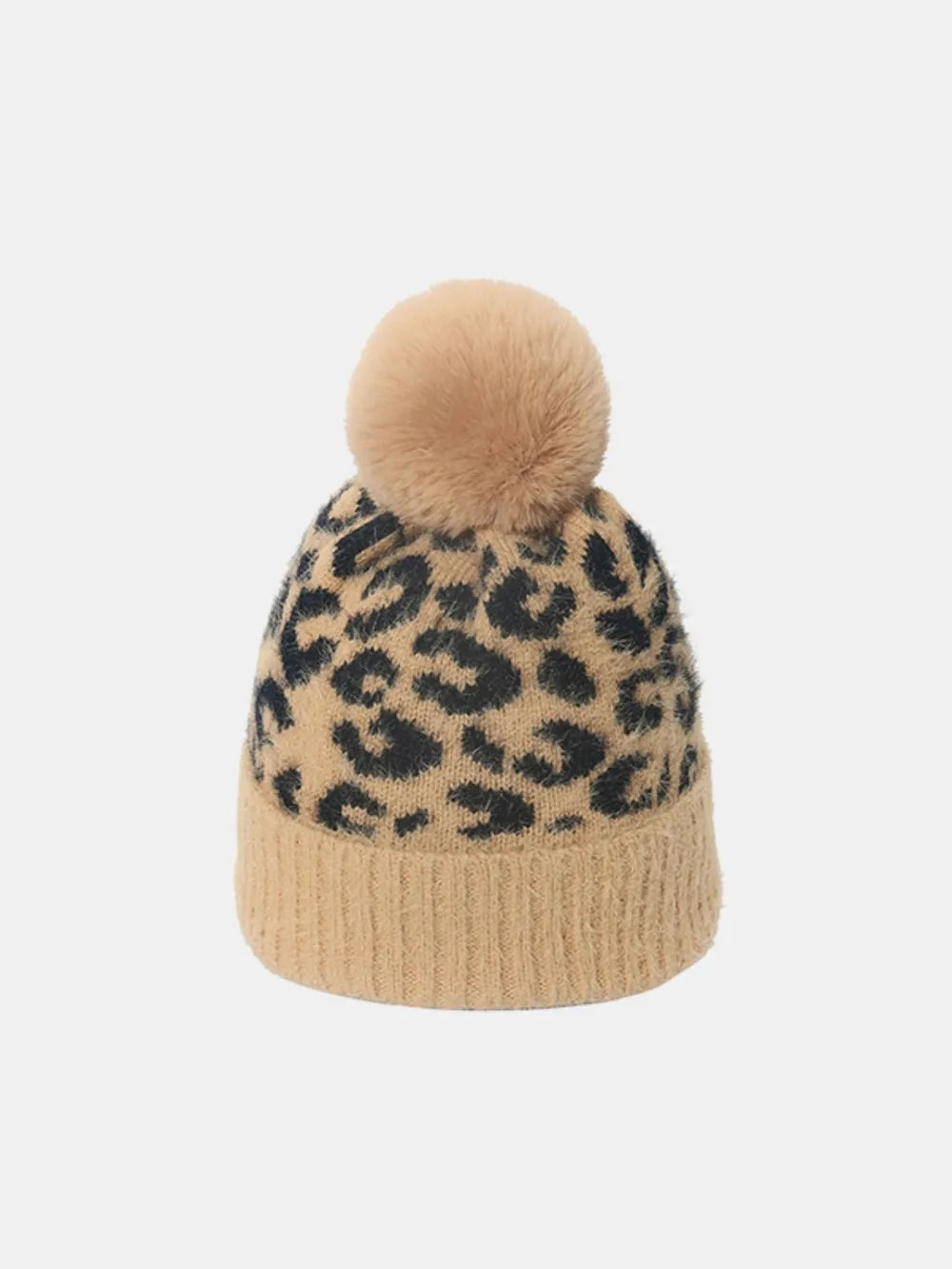 Leopard Print Acrylic Knit Winter Hat with Soft Pompom Stylish Essential Cap