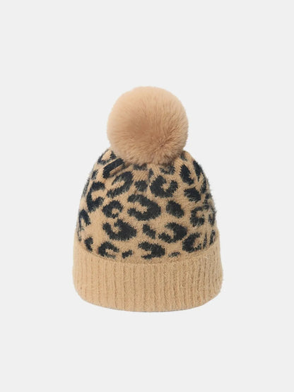 Leopard Print Acrylic Knit Winter Hat with Soft Pompom Stylish Essential Cap