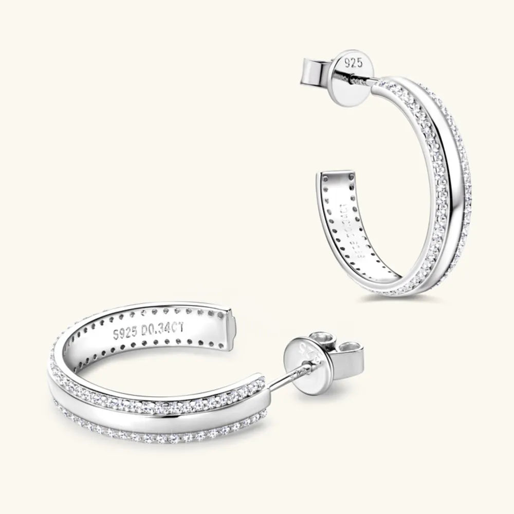 Sterling Silver C-Hoop Earrings 0.68ct Moissanite VVS1 D Colour 20mm Secure Fit