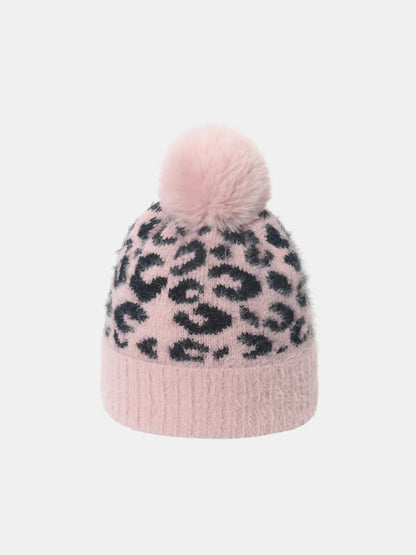 Leopard Print Acrylic Knit Winter Hat with Soft Pompom Stylish Essential Cap