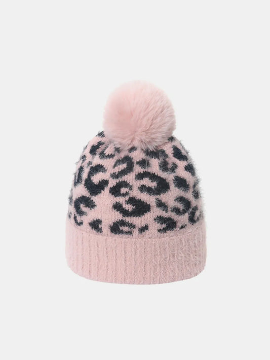 Leopard Print Acrylic Knit Winter Hat with Soft Pompom Stylish Essential Cap