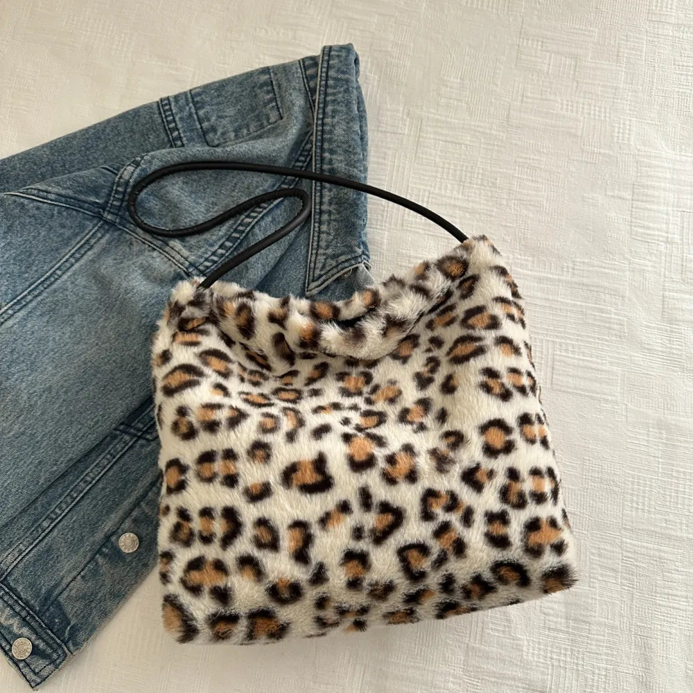 Leopard Print Shoulder Bag Furry Crossbody Spacious Lightweight Stylish Accessory