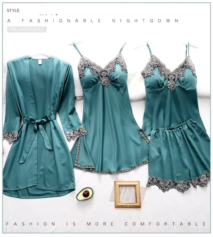 Women's 5-Piece Silk Pajama Set Elegant Lace Trim Sleepwear Nightwear Robe Lounge