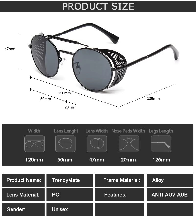 Retro Steampunk Round Sunglasses UV Unisex Alloy Frame Vintage Premium Glasses