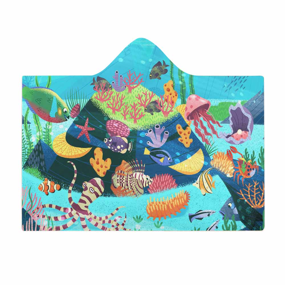 Wearable Hooded Blanket Soft Arctic Velvet Coral Reef Ocean Theme 3 Sizes