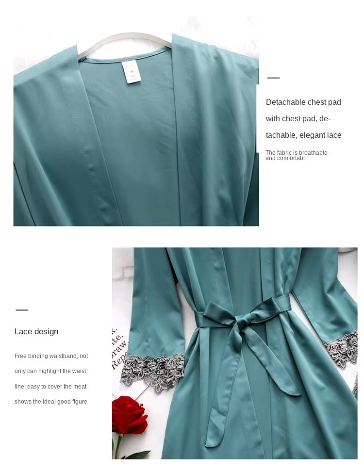 Women's 5-Piece Silk Pajama Set Elegant Lace Trim Sleepwear Nightwear Robe Lounge