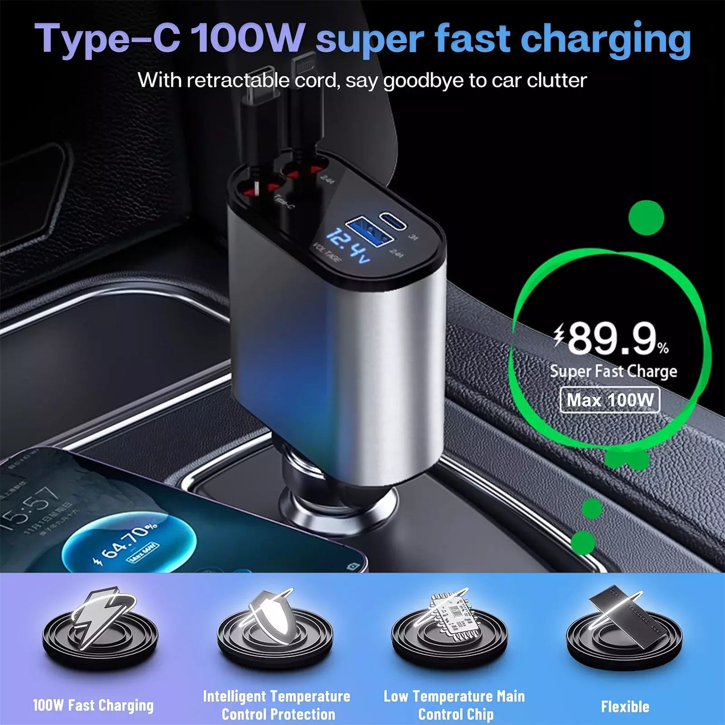 4-in-1 Retractable Car Charger 100W Fast Charging Alloy Type-C 3 Pin USB