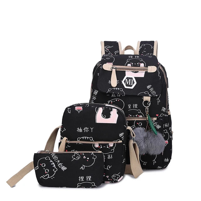 USB Charging Canvas Backpack Set 3pc Teen Schoolbag Satchel Lightweight Waterproof
