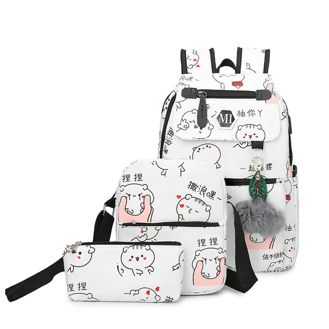 USB Charging Canvas Backpack Set 3pc Teen Schoolbag Satchel Lightweight Waterproof