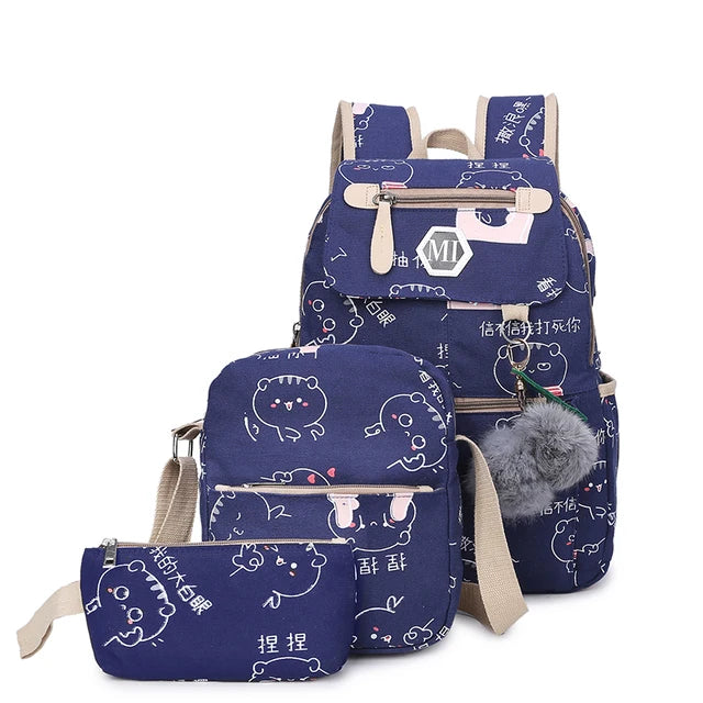 USB Charging Canvas Backpack Set 3pc Teen Schoolbag Satchel Lightweight Waterproof