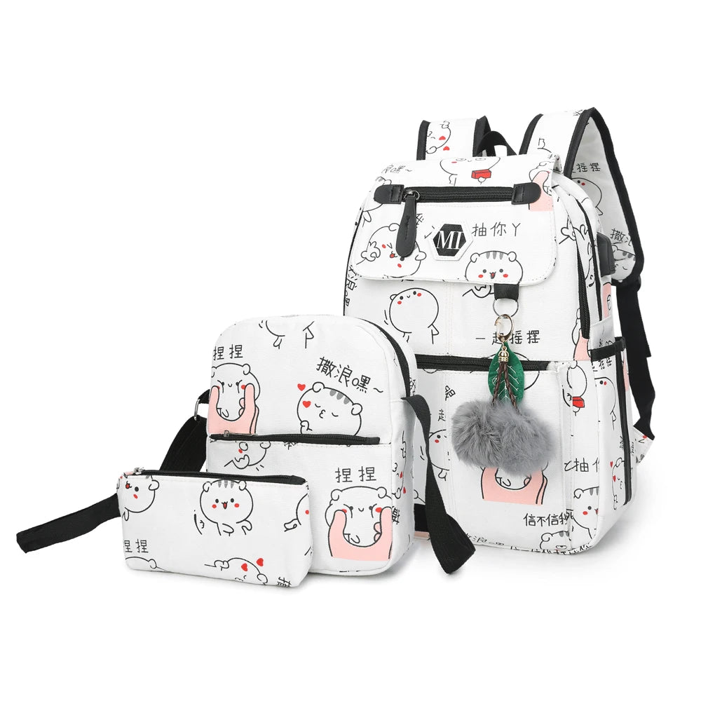 USB Charging Canvas Backpack Set 3pc Teen Schoolbag Satchel Lightweight Waterproof