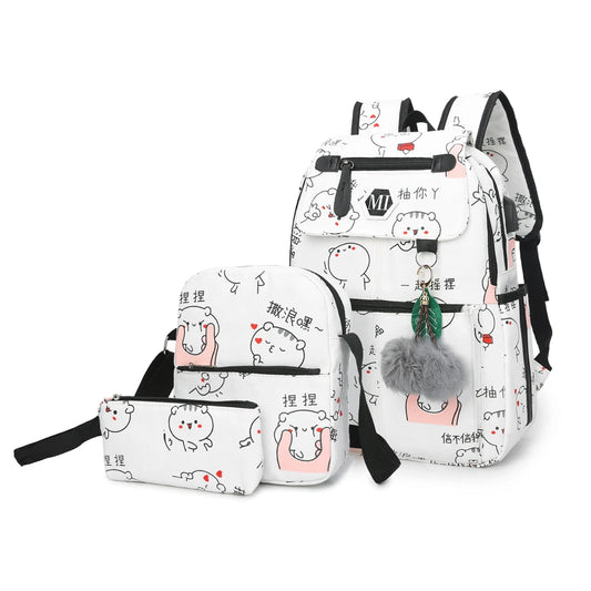 USB Charging Canvas Backpack Set 3pc Teen Schoolbag Satchel Lightweight Waterproof