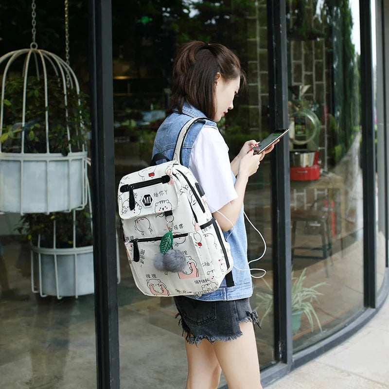 USB Charging Canvas Backpack Set 3pc Teen Schoolbag Satchel Lightweight Waterproof