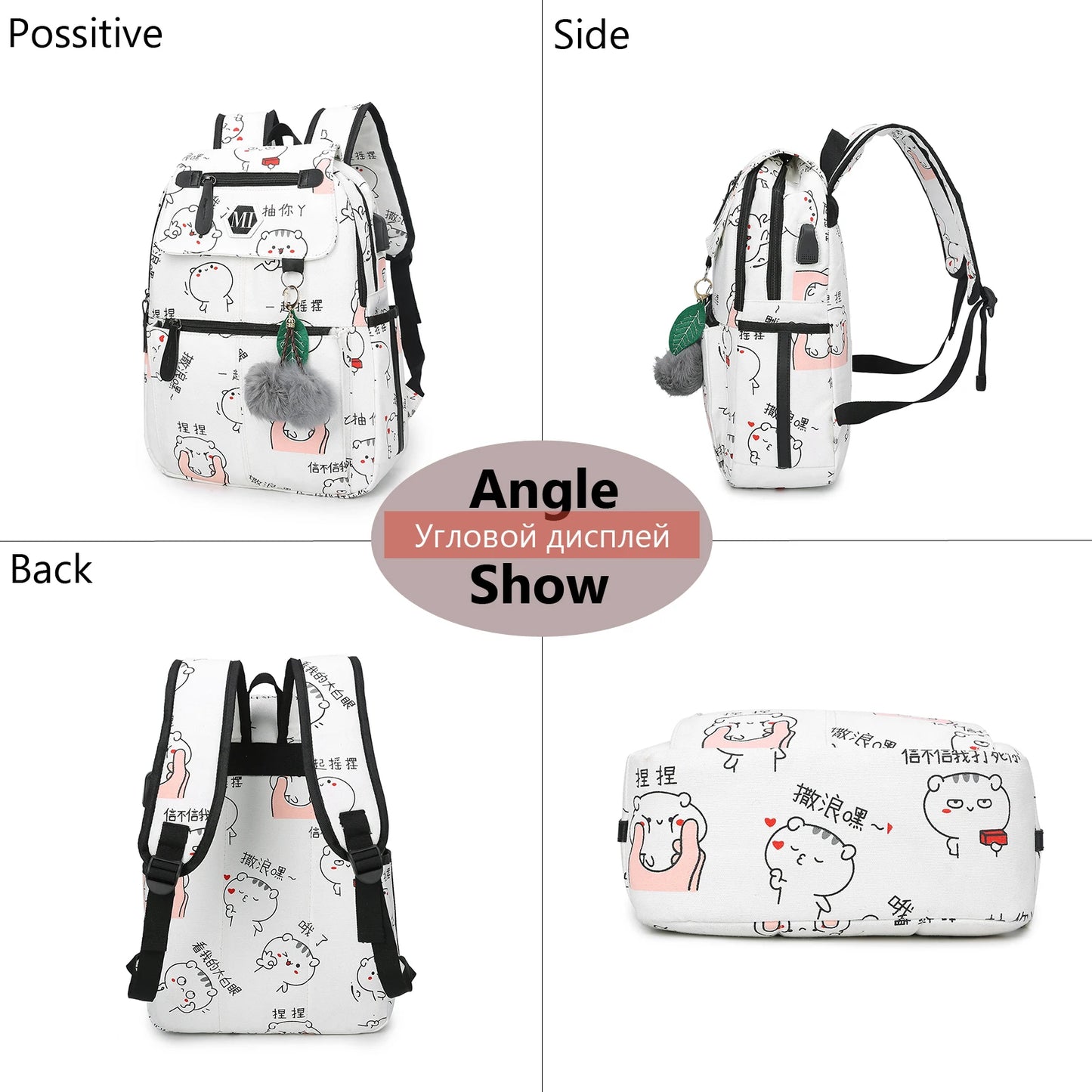 USB Charging Canvas Backpack Set 3pc Teen Schoolbag Satchel Lightweight Waterproof