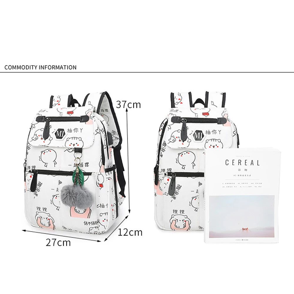 USB Charging Canvas Backpack Set 3pc Teen Schoolbag Satchel Lightweight Waterproof