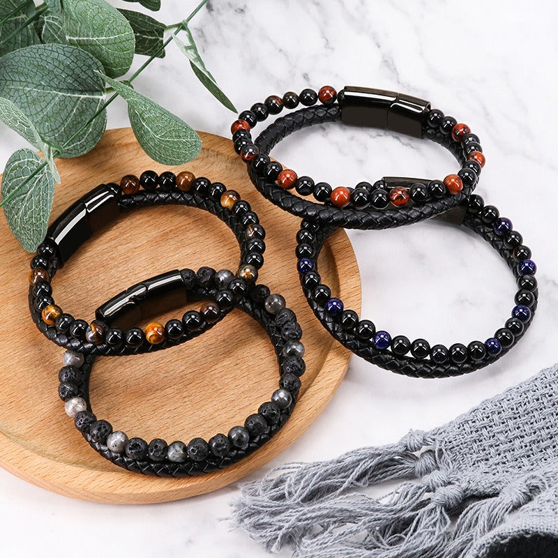 Volcanic Natural Stone Tiger Eye Beaded Bracelet Male Cowhide Rope Agate Handwear