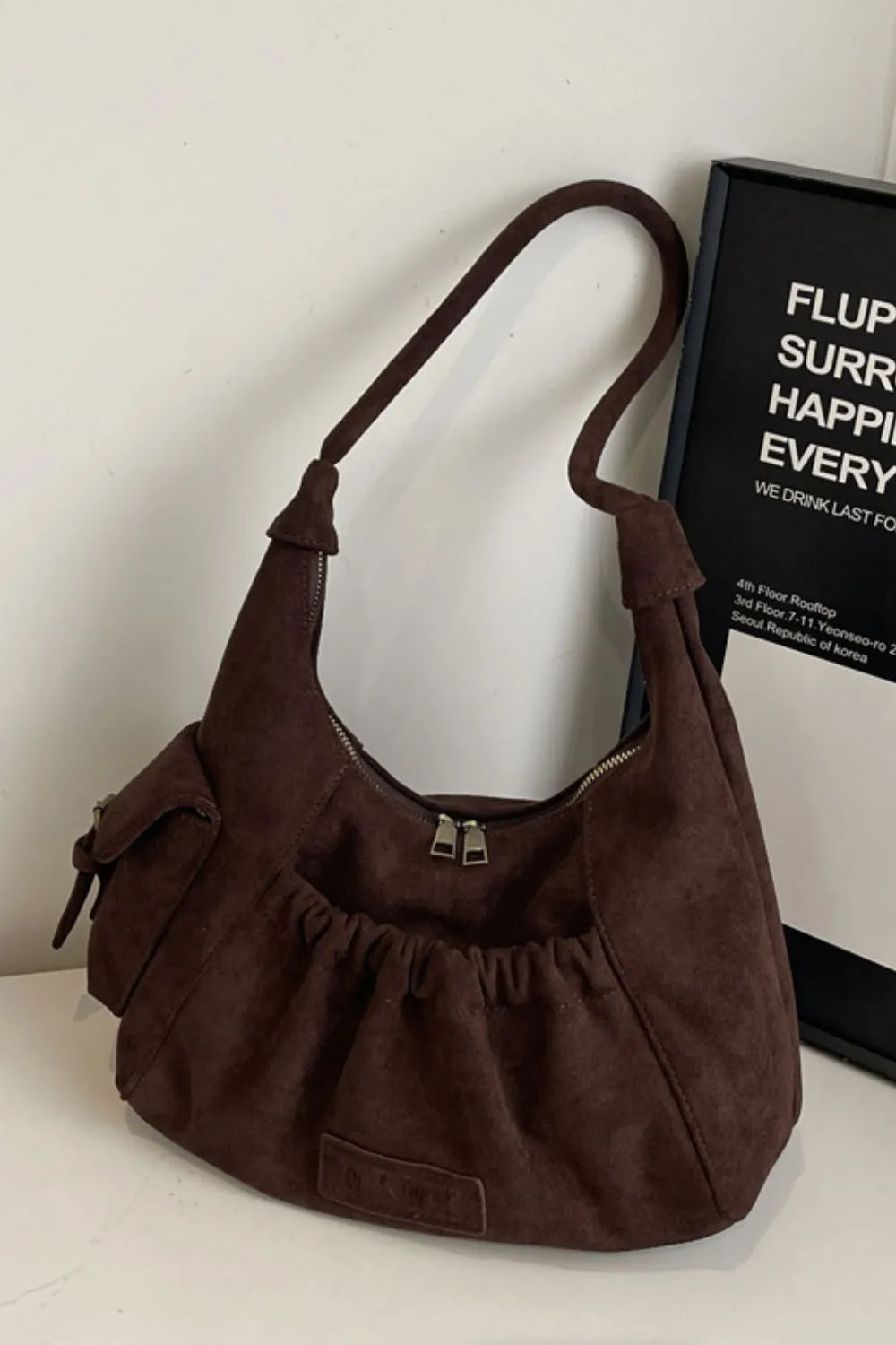 Suede Ruched Handbag Zipper Closure Elegant Evening Purse Spacious Accessory Storage