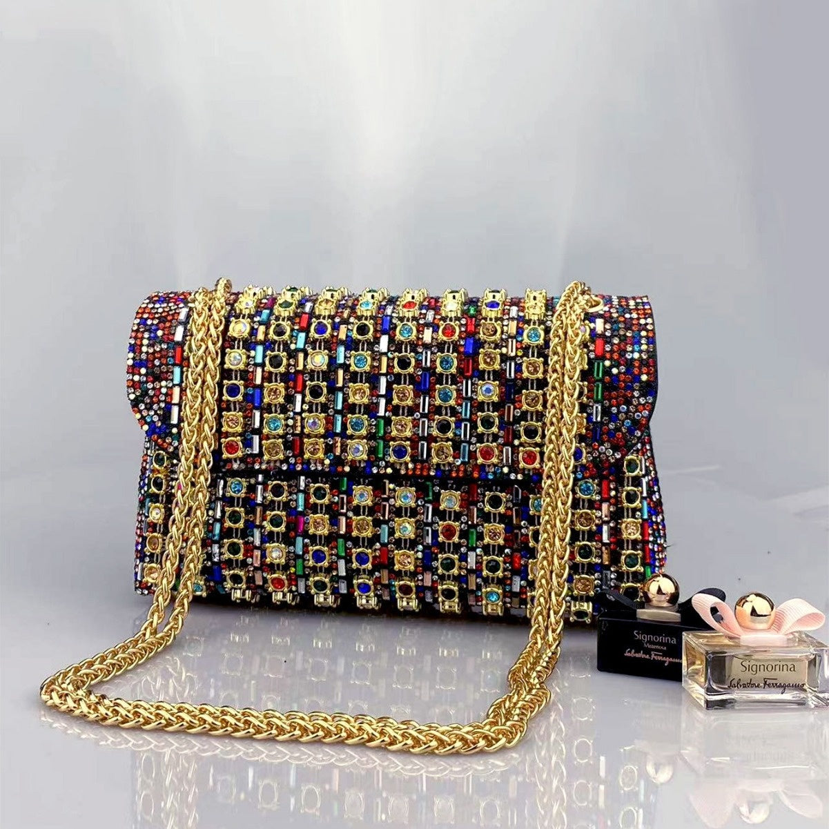 Rhinestone Embellished Evening Clutch Elegant Shoulder Chain Strap Accessory Bag
