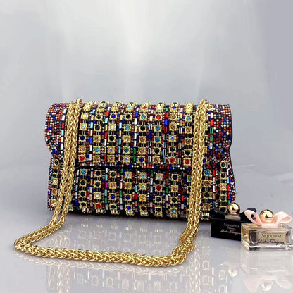 Rhinestone Embellished Evening Clutch Elegant Shoulder Chain Strap Accessory Bag