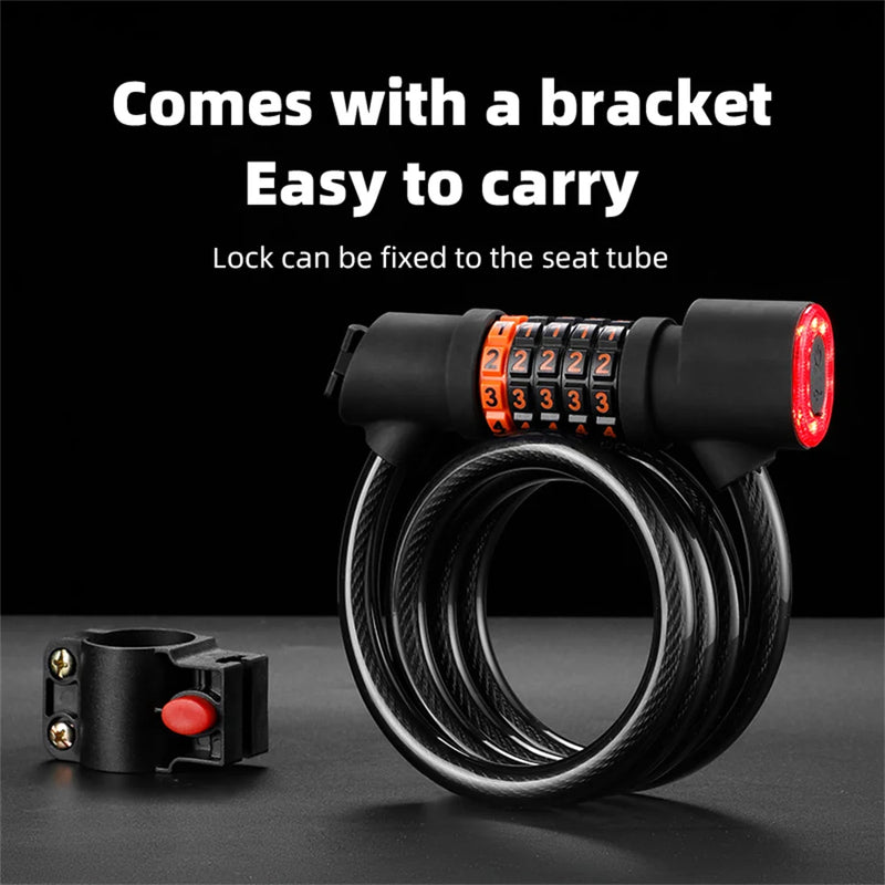 Bike Lock Steel Cable PVC Coated 5-Digit Combination LED Light 260mAh Battery 1.2m