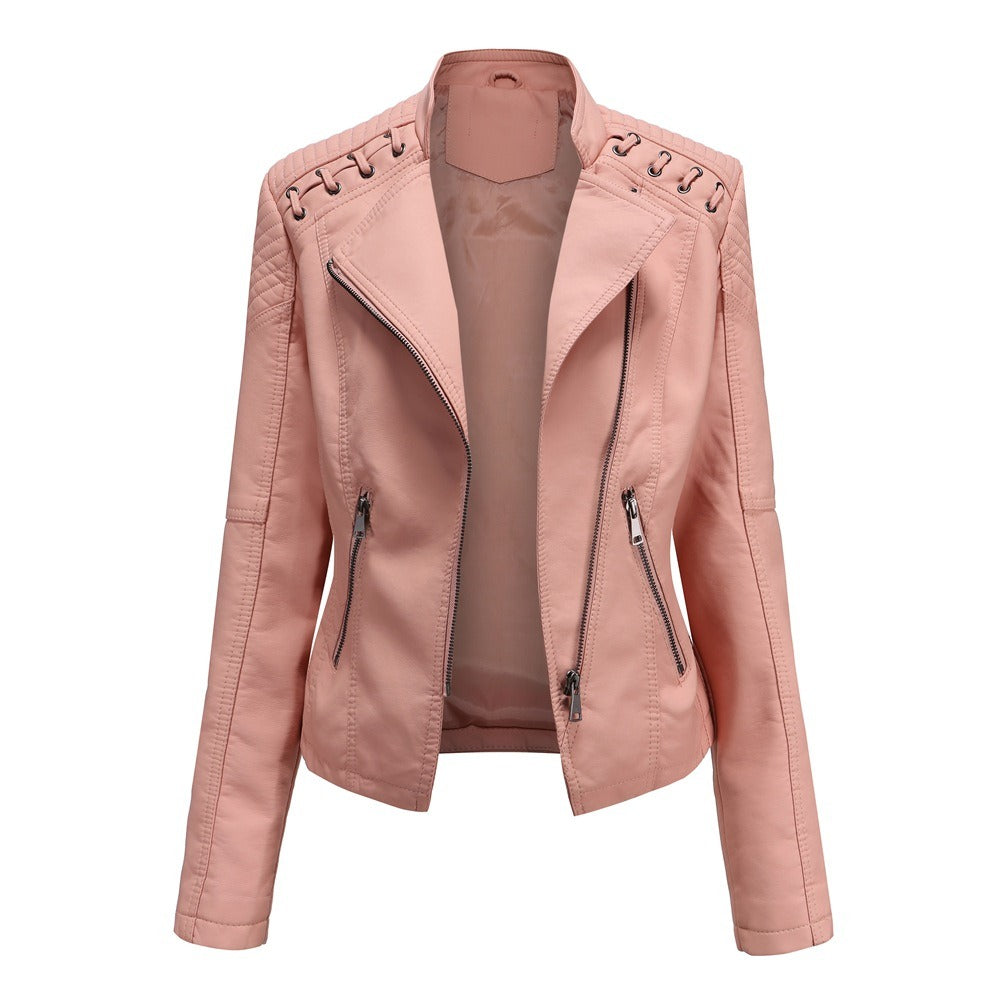 Women's Faux Leather Motorcycle Jacket Slim Fit Short Style Casual Lightweight Coat