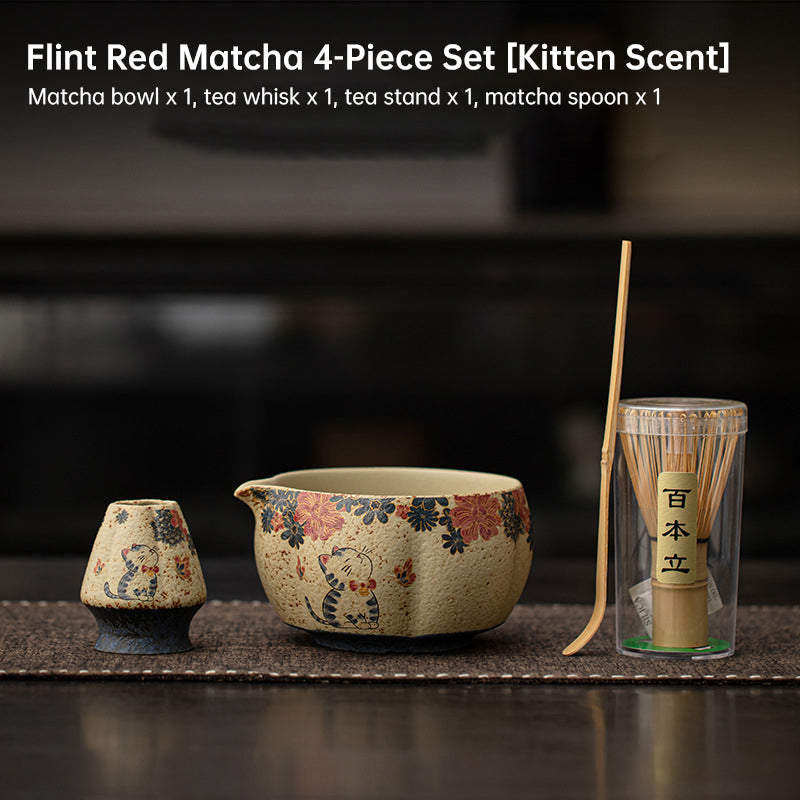 Japanese Flint Red Matcha Tea Kit 2-8 Pieces Bamboo Whisk Ceramic Bowl Storage