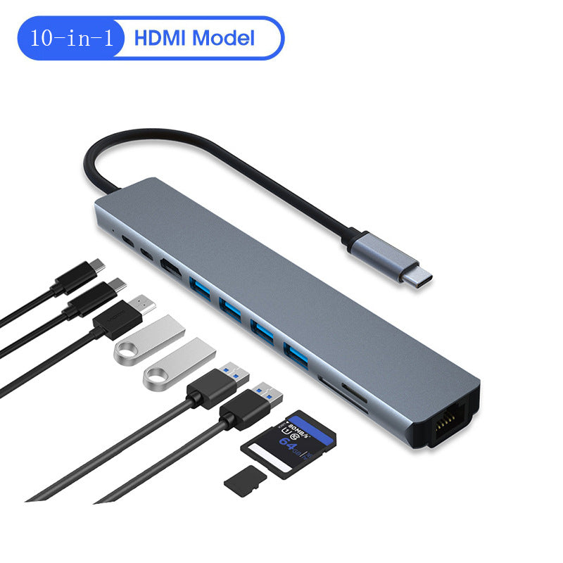 Type-C HUB 10-in-1 Dock HDMI 4K USB 3.0 USB 2.0 SD TF Ethernet PD100W Adapter