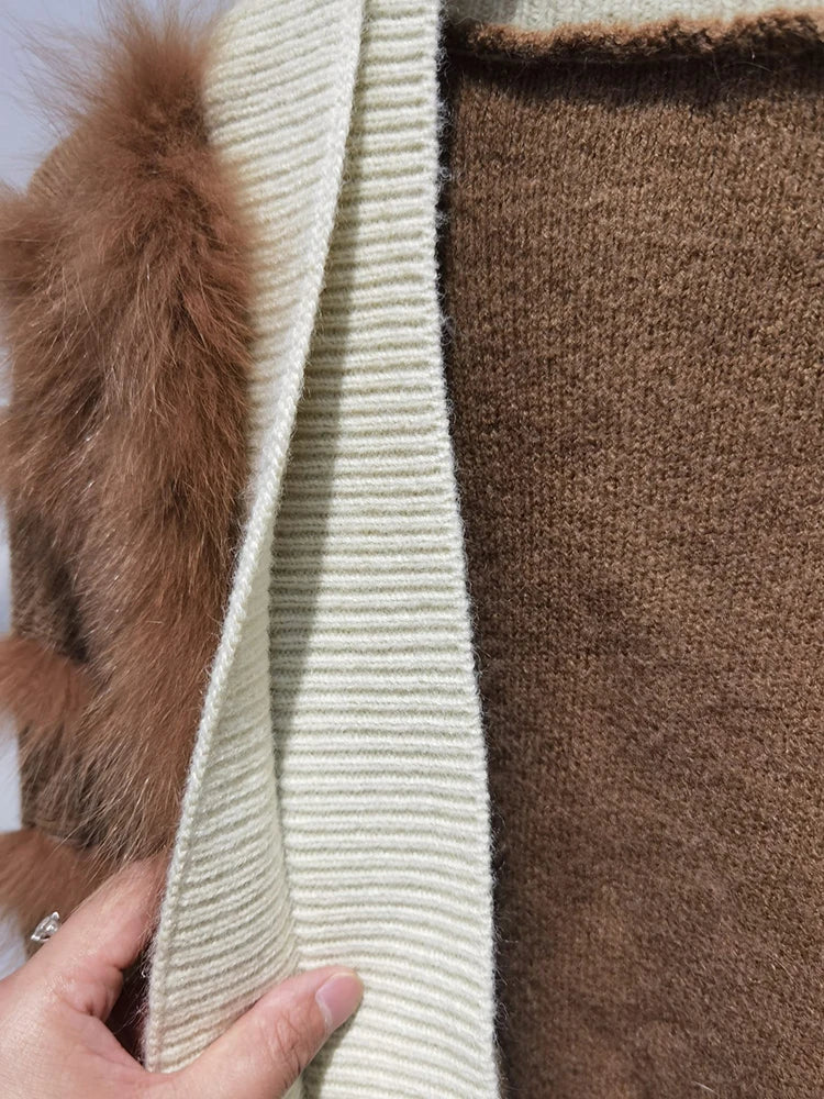 Women's Luxury Premium Faux Fur Oversized Sweater Coat Knitted Cardigan Black Khaki