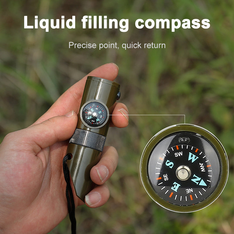 7-in-1 Survival Whistle LED Light Compass Thermometer Outdoor Emergency Gear