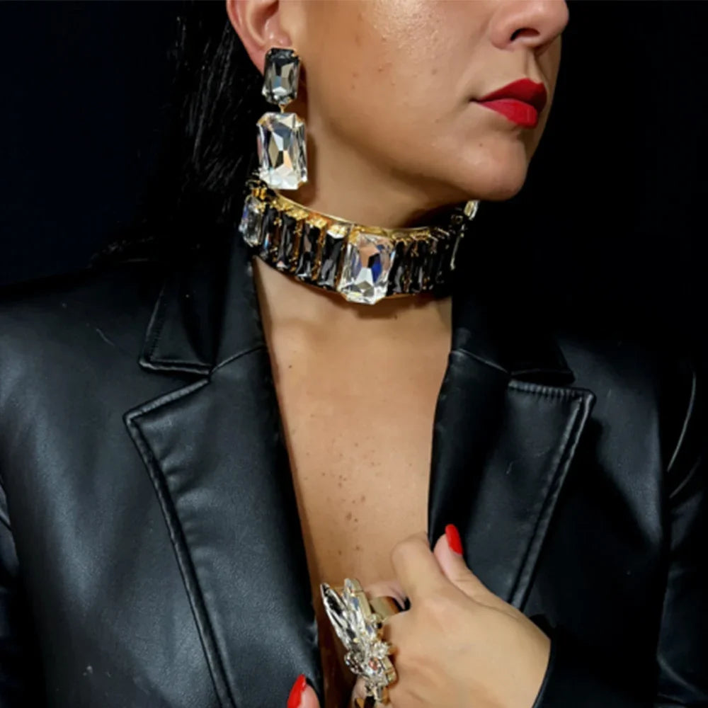 Oversized Rhinestone Choker Necklace Set Indian Bridal Wedding Jewellery Gold
