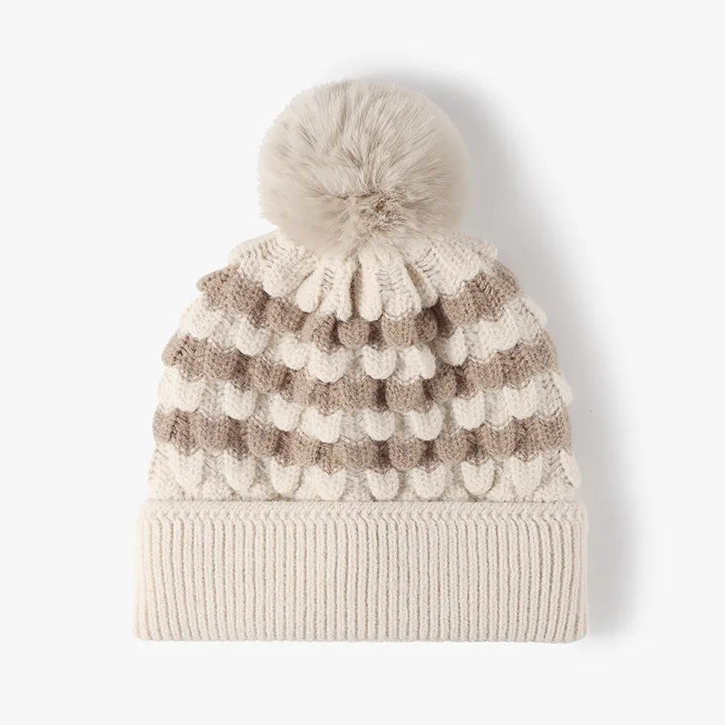 Striped Knit Beanie Hat Winter Warmth Faux Rabbit Fur Pom-Pom Stylish Comfort