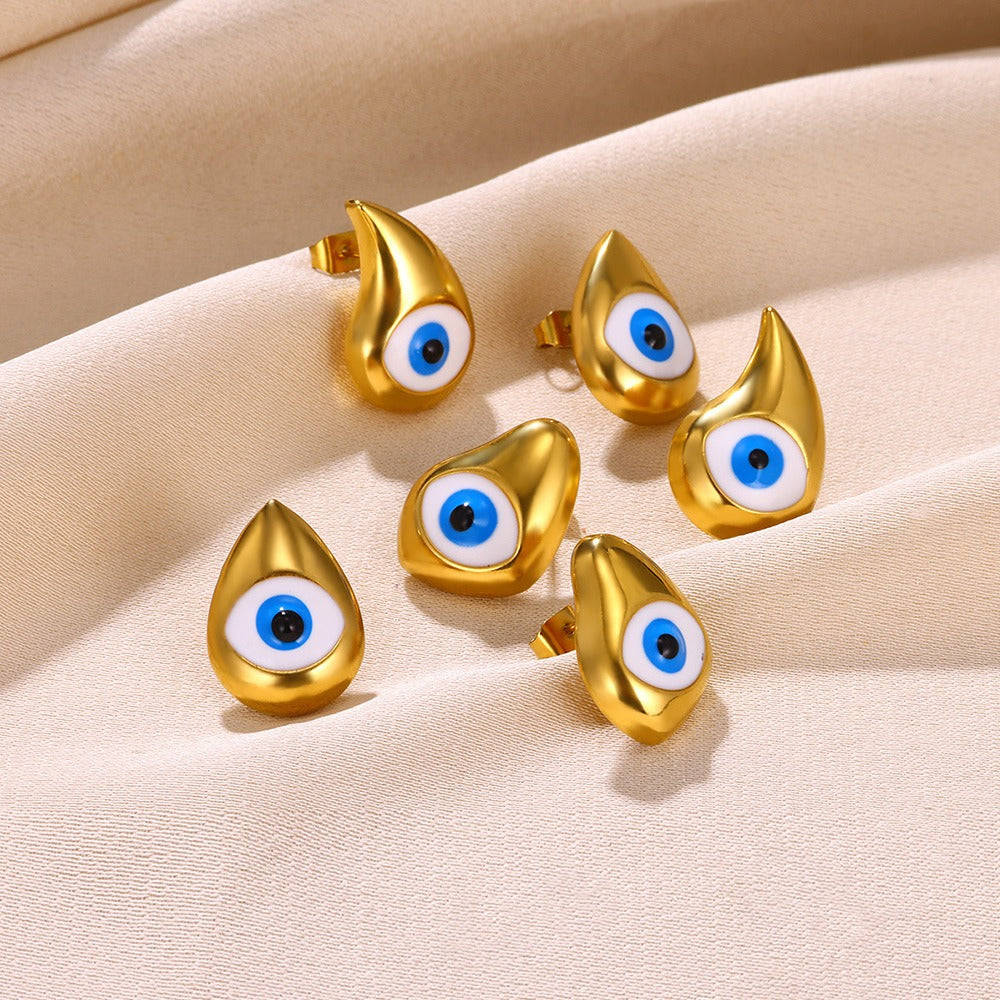 Gold Plated Stainless Steel Blue Evil Devil's Eye Stud Earrings Luck Karma