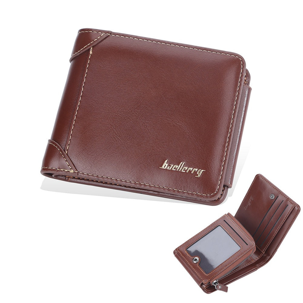 Men's Slim Leather Wallet Three-Fold Multi-Card Secure Zip Pocket RFID Blocking