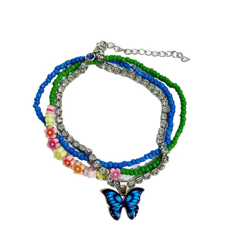 Multi-Layer Handmade Beaded Butterfly Dangle Floral Anklet Crystal Jewellery