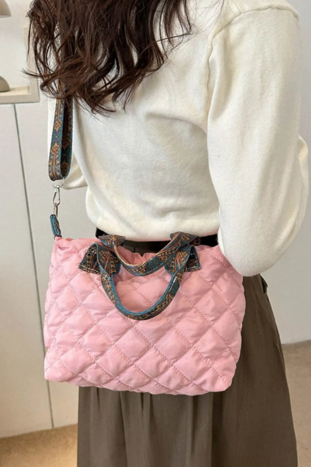 Bubble Quilted Handbag Printed Strap Oxford Cloth Casual Shoulder Bag 34.5cm