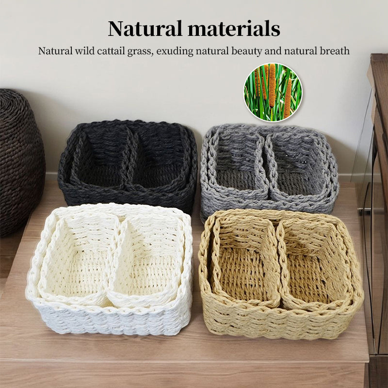 3 Piece Straw Woven Paper Rope Storage Baskets Rectangular Two Compartment Set